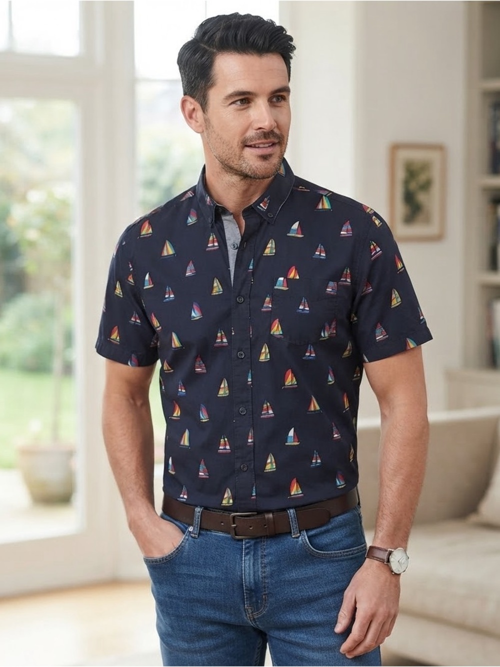 English Laundry Navy Short-Sleeve Button-Down with Colorful Sailboat Print